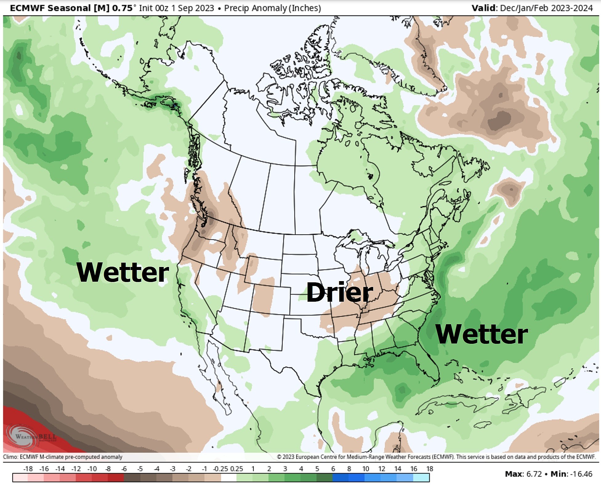 Winter precipitation anomalies. Credit: WeatherBell.com