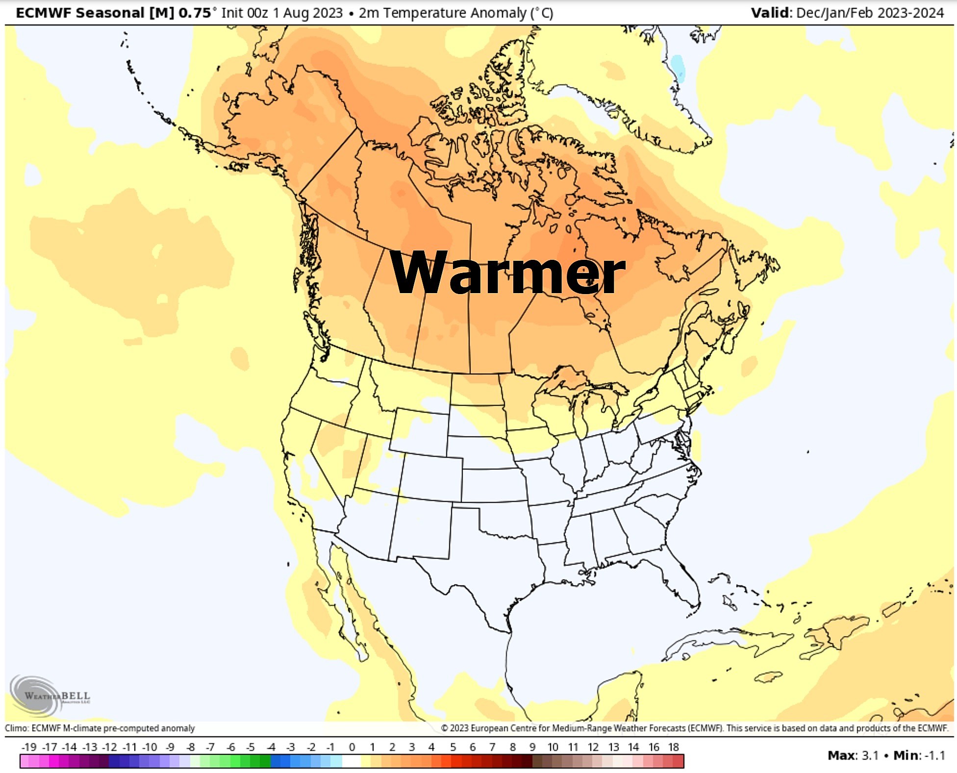 Winter temperature prediction: Credit: WeatherBell.com